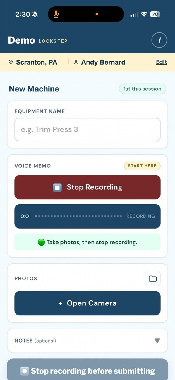 The real Lockstep field app mid-capture: voice memo recording on a machine